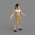 Little Girl In Beige Polka Dot Dress With White Peter Pan Collar And Black Shoes
