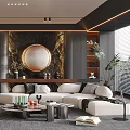 Modern Living Room Interior Design With Sectional Sofa Accent Chair Round Mirror And Coffee Table