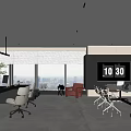 Modern Office Interior With Desk Chairs Red Sofa Large Windows And TV Screen