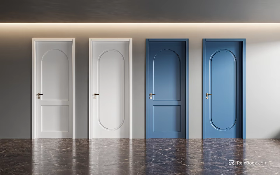 Modern White and Blue Hinged Doors in Interior with Light Wall Marble Floor 3d model 