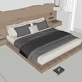 Modern Double Bed with Wooden Headboard Pillows Gray Blanket Nightstands Table Lamps Bright Bedroom