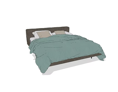 Double Bed With Dark Headboard Green Quilt And Light Brown Pillows 3d model