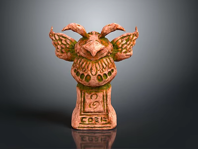 Reddish Brown Flying Animal Sculpture Featuring Horns Wings Spiral Pattern And COFF Text Base 3d model
