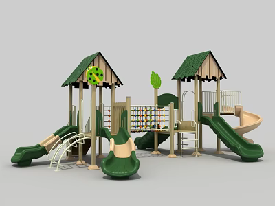Outdoor Kids Playground Structure With Green Roofs Slides Decorative Trees And Climbing Elements 3d model