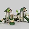 Outdoor Kids Playground Structure With Green Roofs Slides Decorative Trees And Climbing Elements