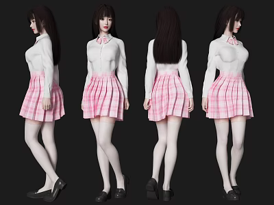 A Woman Wearing White Shirt Pink Plaid Pleated Skirt White Stockings and Black Shoes 3d model