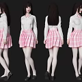 A Woman Wearing White Shirt Pink Plaid Pleated Skirt White Stockings and Black Shoes