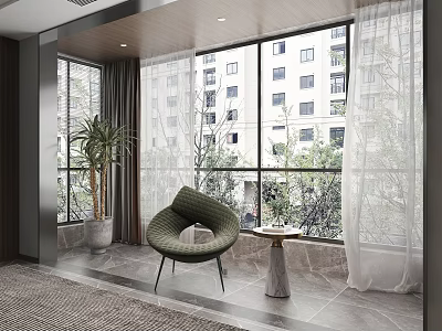 Floor to Ceiling Windows in Modern Interior With Green Chair Small Table and Potted Plant 3d model