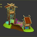 3D Model Wooden Tower And Cabin With Green Grass Brown Path And Fence