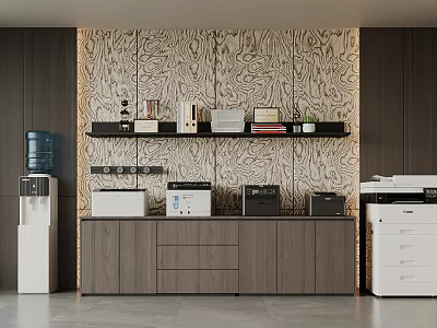 Modern File Cabinets in Office Space With Wood Grain Wall and Office Equipment 3d model