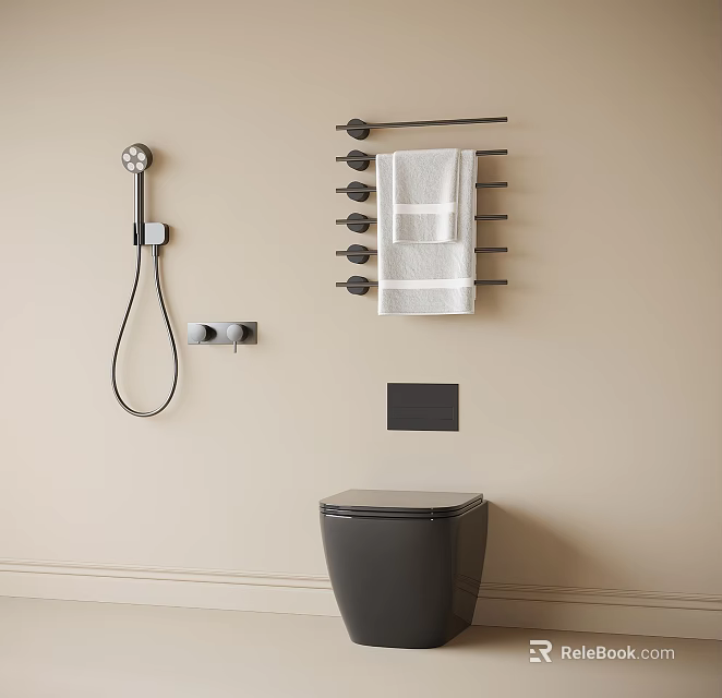 Modern Minimalist Bathroom Suite With Black Toilet Shower Fixture Towel Rack And White Towels 3d model 