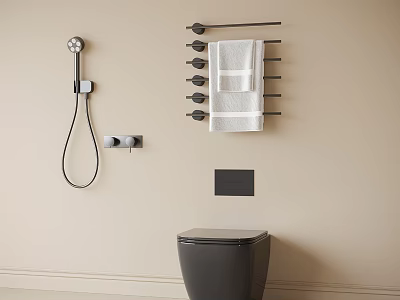 Modern Minimalist Bathroom Suite With Black Toilet Shower Fixture Towel Rack And White Towels 3d model