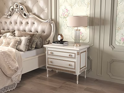 Elegant White Nightstand with Drawers Table Lamp Clock Books by Tufted Headboard and Floral Wallpaper 3d model