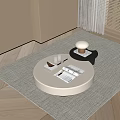 Modern White Round Coffee Table with Magazines Cups Black Side Table and White Lamp 3d model
