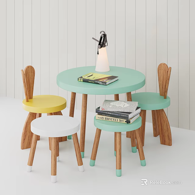 Round Light Green Kids Table with Wooden Legs Lamp Books and Three Colorful Chairs 3d model 