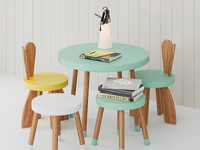 Round Light Green Kids Table with Wooden Legs Lamp Books and Three Colorful Chairs 3d model