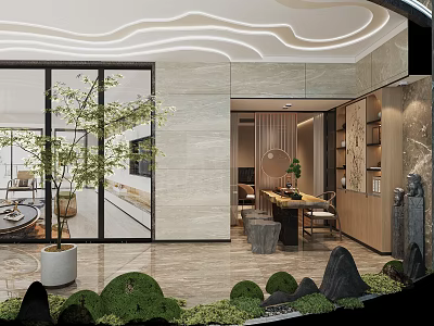 Traditional Chinese Tea Room Interior Design With Wooden Furniture Green Plants And Natural Light 3d model