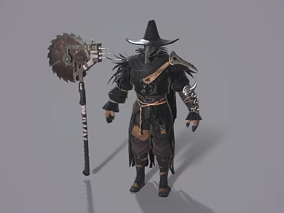 Grim Fantasy Character In Black Armor With Large Spiked Battle Axe Weapon 3d model