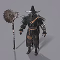 Grim Fantasy Character In Black Armor With Large Spiked Battle Axe Weapon