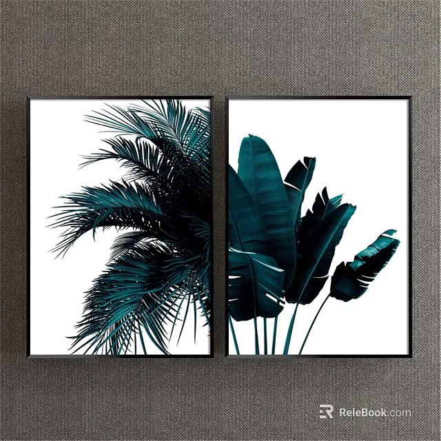 Dark Green Palm And Banana Leaf Plant Paintings White Background Black Frames Hanging On Wall 3d model 