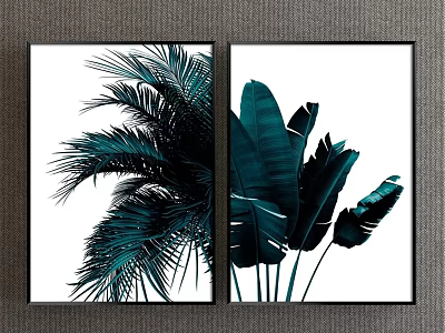 Dark Green Palm And Banana Leaf Plant Paintings White Background Black Frames Hanging On Wall 3d model