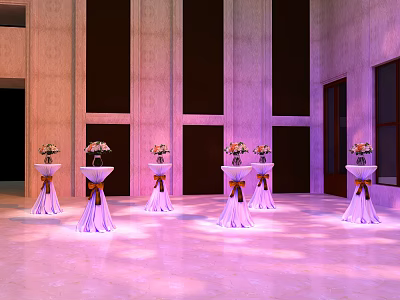 Elegant Dining Tables With Purple Tablecloths Brown Bows Decorative Flowers In Room With Dark Windows 3d model