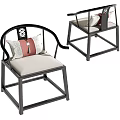 Chinese Style Single Chair With Black Frame Curved Backrest Beige Cushion And Red Pillow