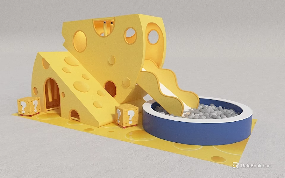 Yellow Cheese Shaped Children's Play Structure With Slide And Blue Ball Pit 3d model 