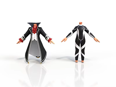 3D Clothing Models With Black Long Coat Red Lining And Black White Striped Bodysuit 3d model