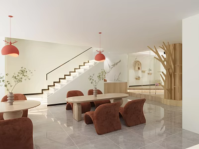Modern Shopping Mall Store Interior With Stairs Tables Red Pendant Lights And Decorative Plants 3d model