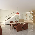 Modern Shopping Mall Store Interior With Stairs Tables Red Pendant Lights And Decorative Plants