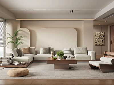 Living Room with Beige Sofa Wooden Coffee Table Green Plants Rug Books and Decorative Painting 3d model