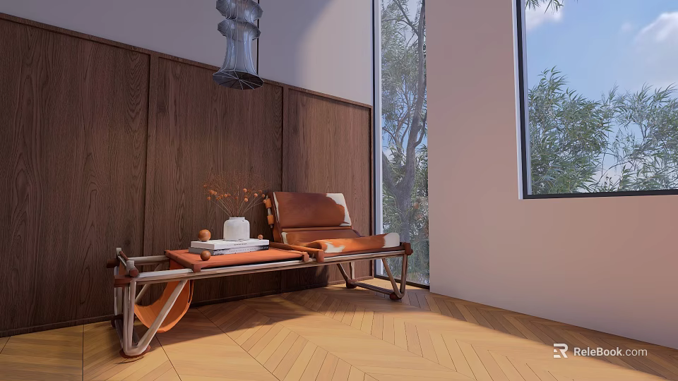 Comfortable Leather Leisure Chair With Wooden Wall Large Windows Trees Outside And Herringbone Floor 3d model 