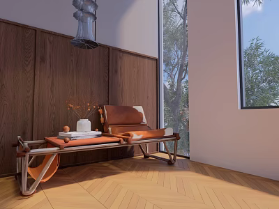 Comfortable Leather Leisure Chair With Wooden Wall Large Windows Trees Outside And Herringbone Floor 3d model