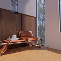 Comfortable Leather Leisure Chair With Wooden Wall Large Windows Trees Outside And Herringbone Floor