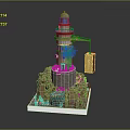 Detailed Lighthouse Model With Rock Base Crane And Hanging Container Platform
