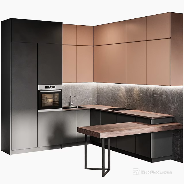 Modern Kitchen Interior With Dark And Light Brown Cabinets Stone Island Countertop 3d model 
