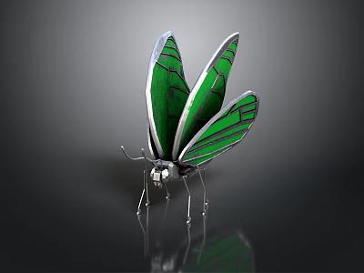 Green Transparent Winged Butterfly With Metallic Silver Body And Reflection On Dark Background 3d model