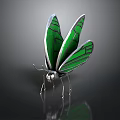 Green Transparent Winged Butterfly With Metallic Silver Body And Reflection On Dark Background