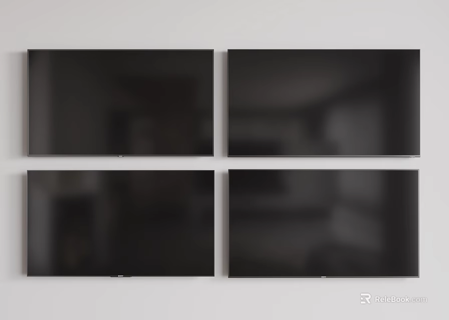Four Black Televisions Mounted On White Wall In Grid Arrangement Setup 3d model