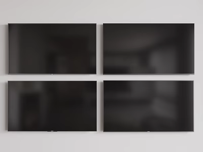 Four Black Televisions Mounted On White Wall In Grid Arrangement Setup 3d model