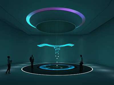Modern Interior Space With Circular Light Ring Blue LED Installations And Water Pool 3d model