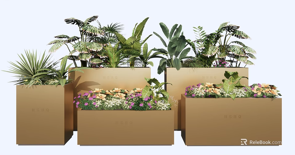 Modern Golden Rectangular Flower Planters With Green Plants And Colorful Flowers 3d model 