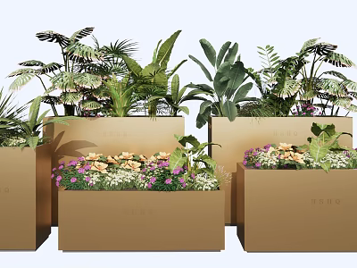 Modern Golden Rectangular Flower Planters With Green Plants And Colorful Flowers 3d model