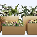Modern Golden Rectangular Flower Planters With Green Plants And Colorful Flowers
