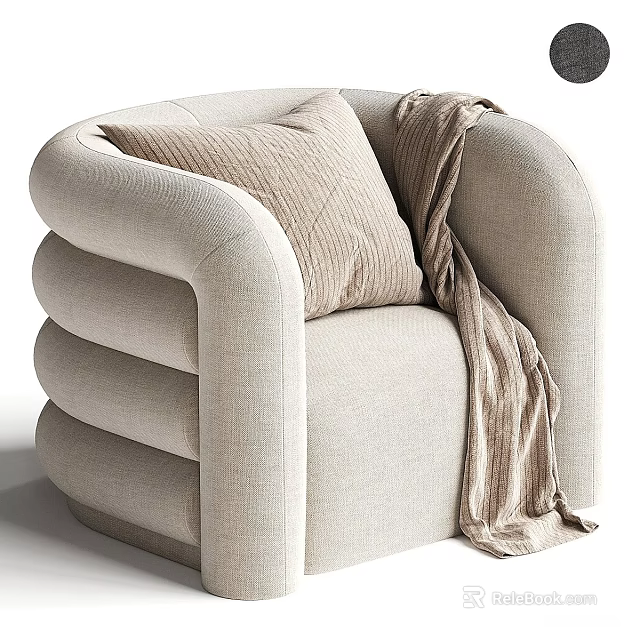 Beige Single Seater Sofa With Curved Layered Armrests Soft Pillow And Throw Blanket 3d model 