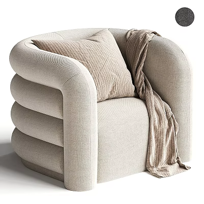 Beige Single Seater Sofa With Curved Layered Armrests Soft Pillow And Throw Blanket 3d model