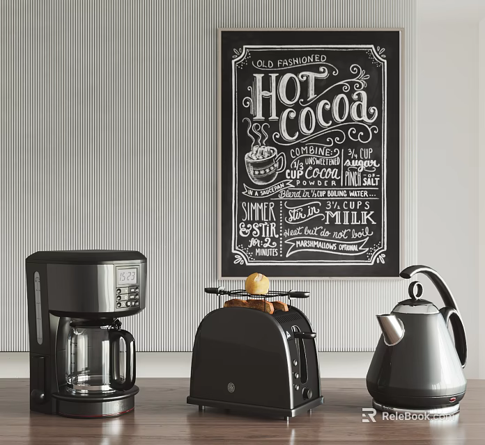 Essential Modern Kitchen Appliances Coffee Maker Toaster Kettle On Counter With Hot Cocoa Chalkboard 3d model 