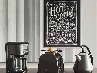 Essential Modern Kitchen Appliances Coffee Maker Toaster Kettle On Counter With Hot Cocoa Chalkboard 3d model