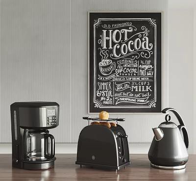 Essential Modern Kitchen Appliances Coffee Maker Toaster Kettle On Counter With Hot Cocoa Chalkboard 3d model